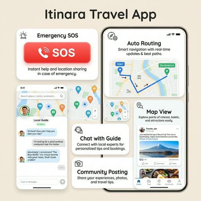 Itinara Key Features: Emergency, Map, Routing, Chat, Community